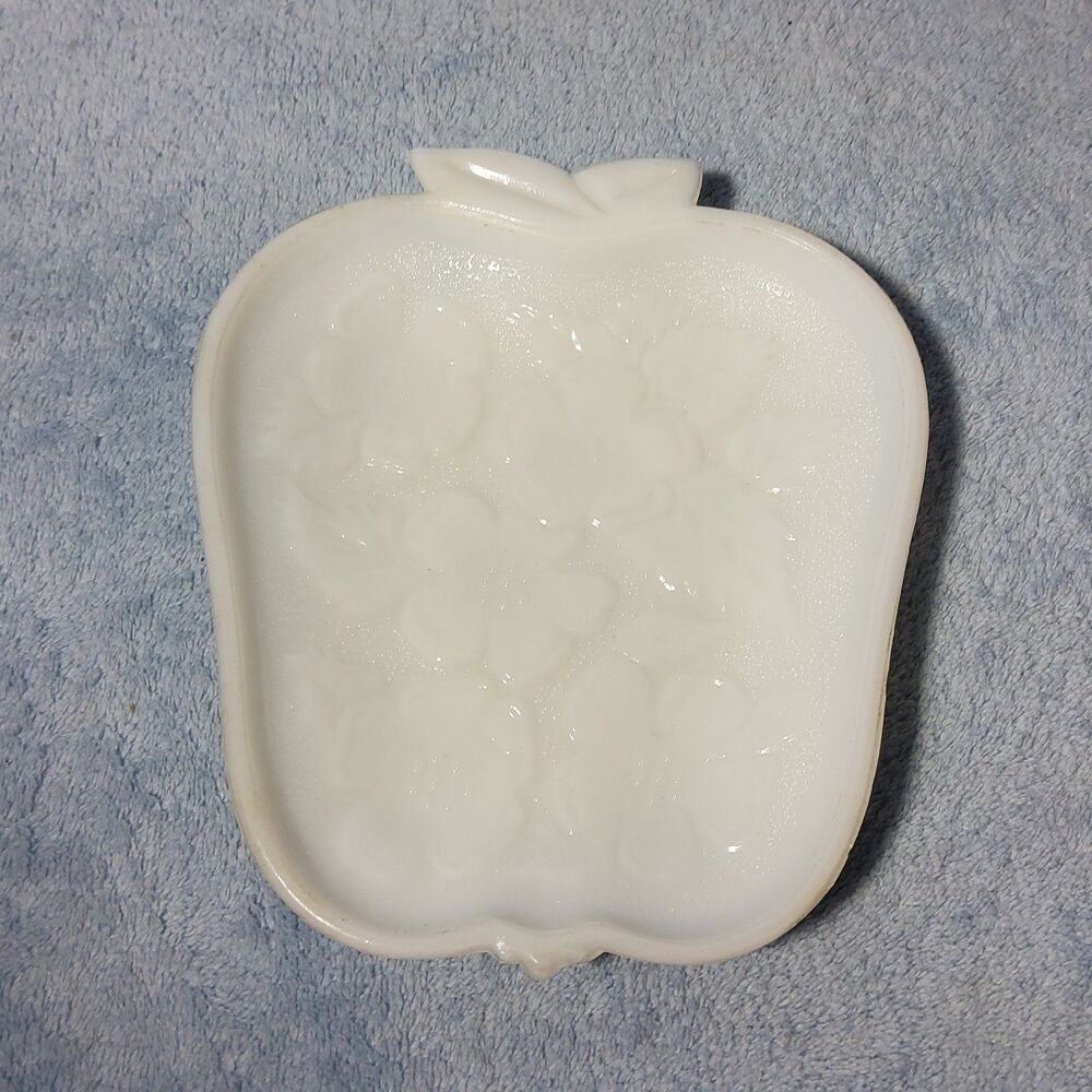 Vintage Hazel Atlas Milk Glass Apple Candy Nut Trinket Dish Flowers 5.75” X 6.5”